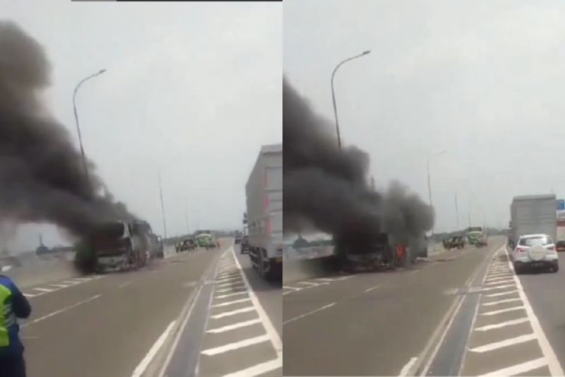 Bus pariwisata Angkut 58 Anak TK Ludes Terbakar di Tol Jatinegara