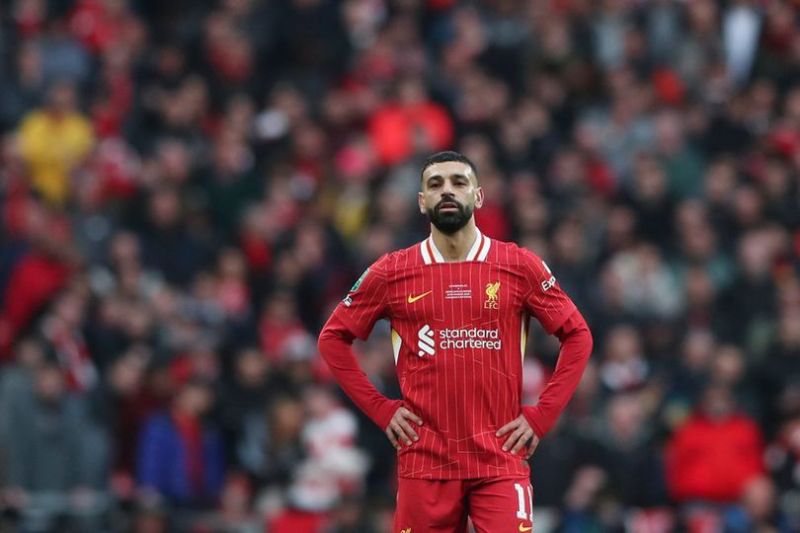 Mohamed Salah di laga final Carabao Cup antara Liverpool vs Newcastle, Minggu (16/3/2025). (c) AP Photo/Scott Heppell