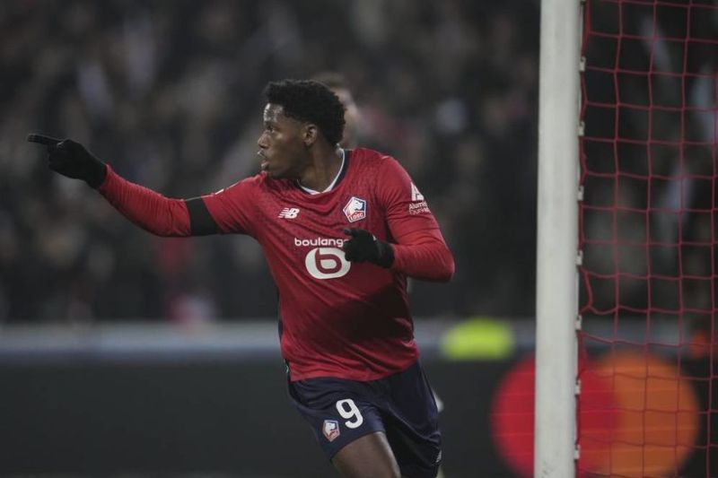 Selebrasi Jonathan David dalam laga Liga Champions antara Lille vs Juventus, Rabu (6/11/2024). (c) AP Photo/Christophe Ena