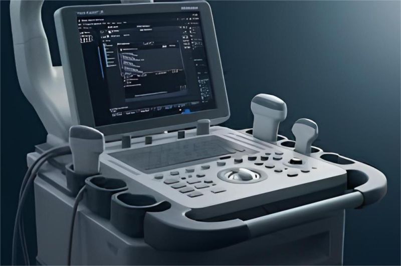tenaga medis menggunakan alat diagnostik portable saat memeriksa pasien di puskesmas