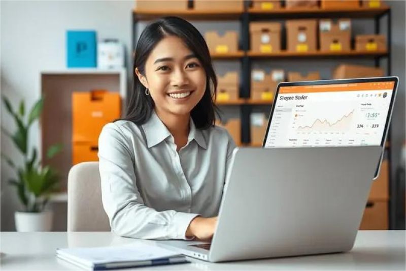 ilustrasi karyawan Shopee bekerja dari rumah menggunakan laptop