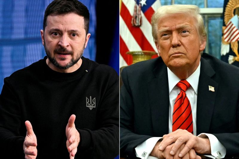 Kolase foto Presiden Ukraina Volodymyr Zelensky (kiri) saat di Brussels pada 19 Desember 2024, dan Presiden Amerika Serikat Donald Trump (kanan) di Washington DC pada 10 Februari 2025.
