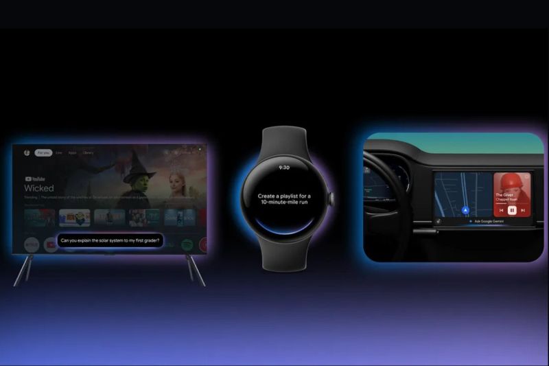 Ilustrasi perangkat yang akan mendapatkan dukungan gemini AI, meliputi Google TV, smartwatch (Wear OS), dan mobil dengan Android Auto.(Google)