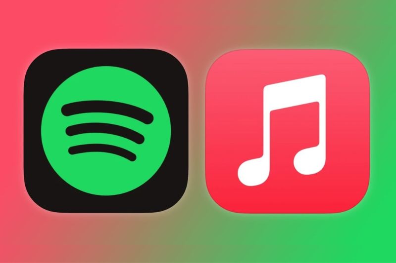 Ilustrasi tampilan logo aplikasi Spotify (kiri) dan Apple Music (kanan). (Apple Insider)