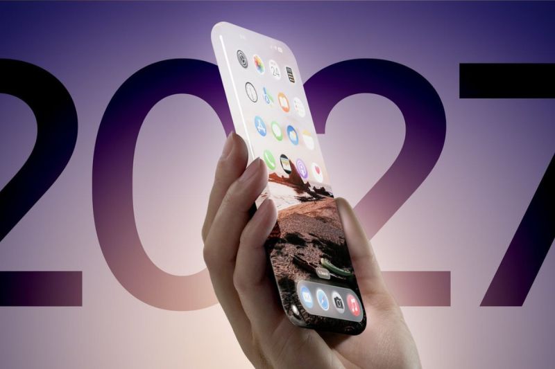 Ilustrasi tampilan iPhone dengan desain layar melengkung di keempat sisi atau four-sided bending display. Desain layar ini rumornya akan digunakan untuk model iPhone 19 Pro yang bakal rilis pada 2027