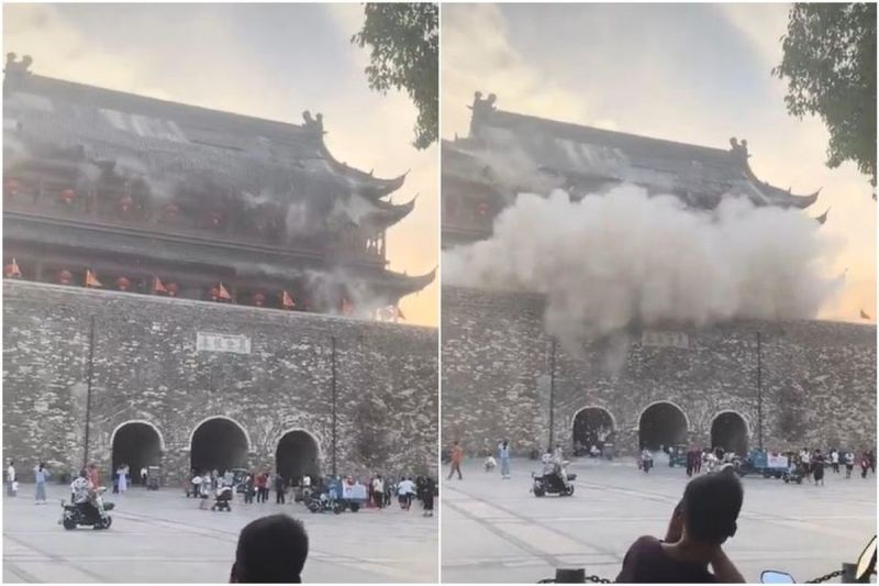 Tangkapan layar dari video genteng Menara Genderang (Drum Tower) Fenyang berusia 650 tahun yang ambruk di Provinsi Anhui, China, 19 Mei 2025.(YOUTUBE via STRAITS TIMES)