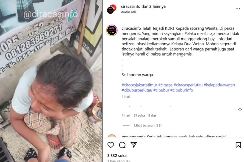 Seorang perempuan menangis tersedu-sedu di tengah jalan, wilayah Kelapa Dua Wetan, Ciracas, Jakarta Timur. Wanita itu diduga mengalami kekerasan setelah menolak mengemis oleh suaminya