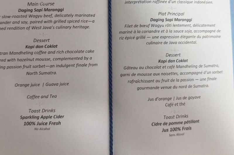 Foto menu jamuan makan malam (gala dinner) antara Presiden Prabowo Subianto dan Presiden Perancis Emmanuel Macron di Istana Kepresidenan Jakarta pada Rabu (28/5/2025)