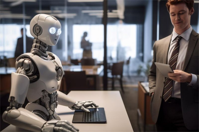 robot dan manusia bekerja berdampingan di kantor modern