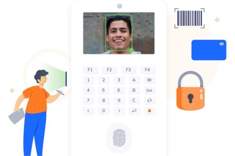 ilustrasi ponsel menampilkan proses pemindaian wajah dan sidik jari untuk akses e-wallet