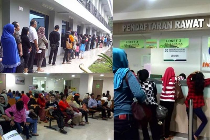antrean panjang pasien BPJS di rumah sakit umum dengan suasana penuh dan petugas sibuk