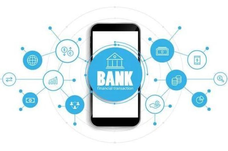 ilustrasi layanan perbankan digital dengan smartphone dan ikon keuangan digital