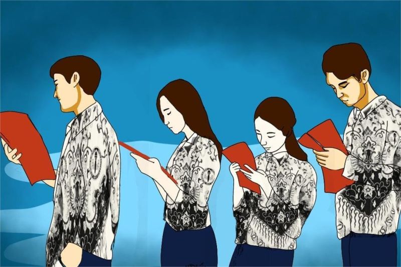 ilustrasi guru honorer sedang mengajar di ruang kelas sederhana dengan wajah letih