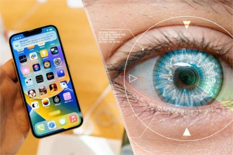ilustrasi fitur pelacak mata di iPhone terbaru dengan pengguna mengendalikan layar tanpa sentuhan