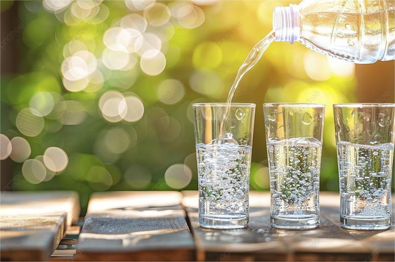 gelas air putih segar di atas meja kayu dengan latar belakang cerah