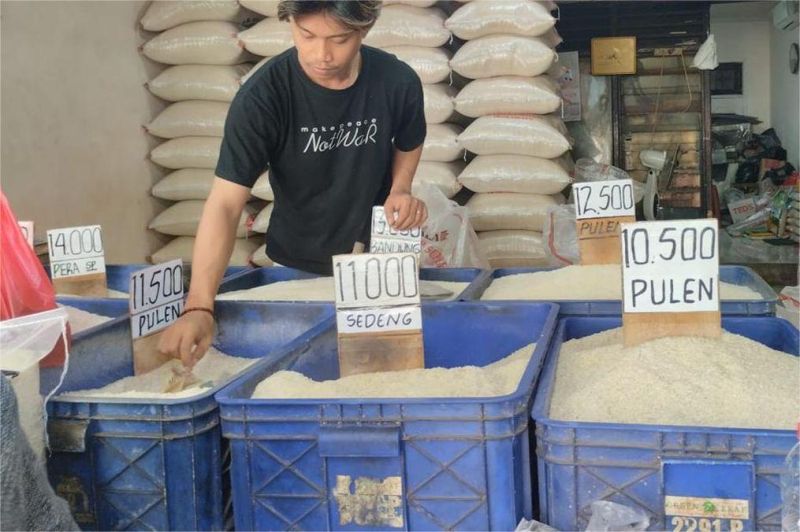 konsumen memilih beras di pasar tradisional dengan harga terpajang