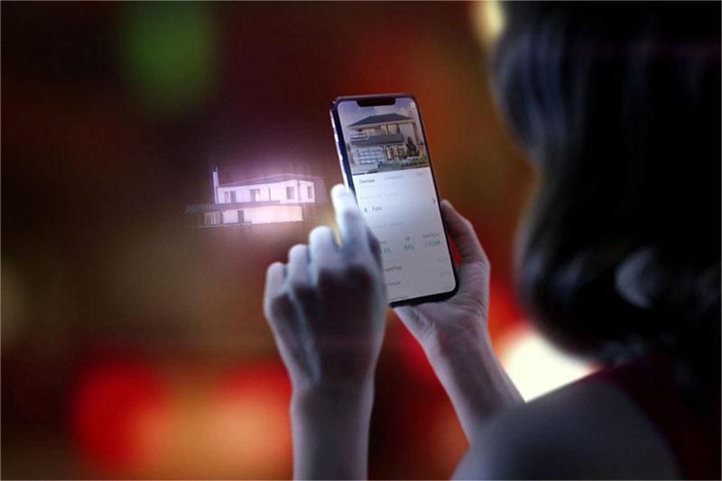 ilustrasi tampilan hologram 3D di atas layar smartphone modern