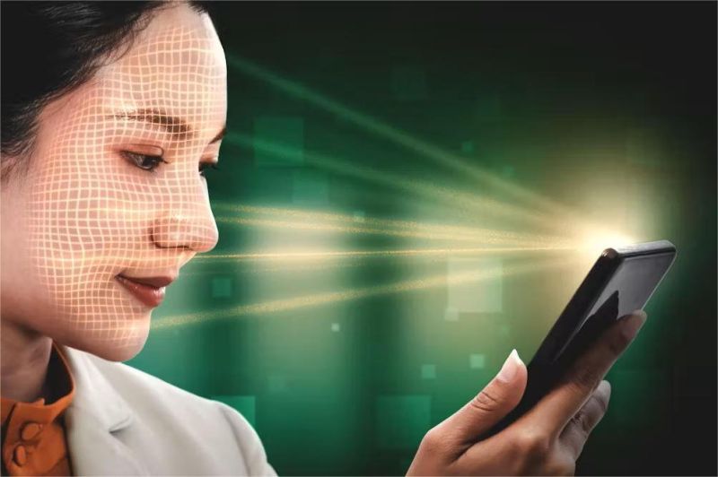 ilustrasi aplikasi AI deteksi penyakit dengan foto wajah pengguna di layar smartphone