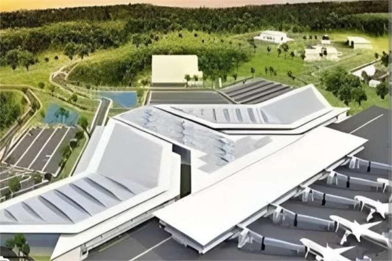 ilustrasi bandara internasional IKN dengan arsitektur modern dan runway