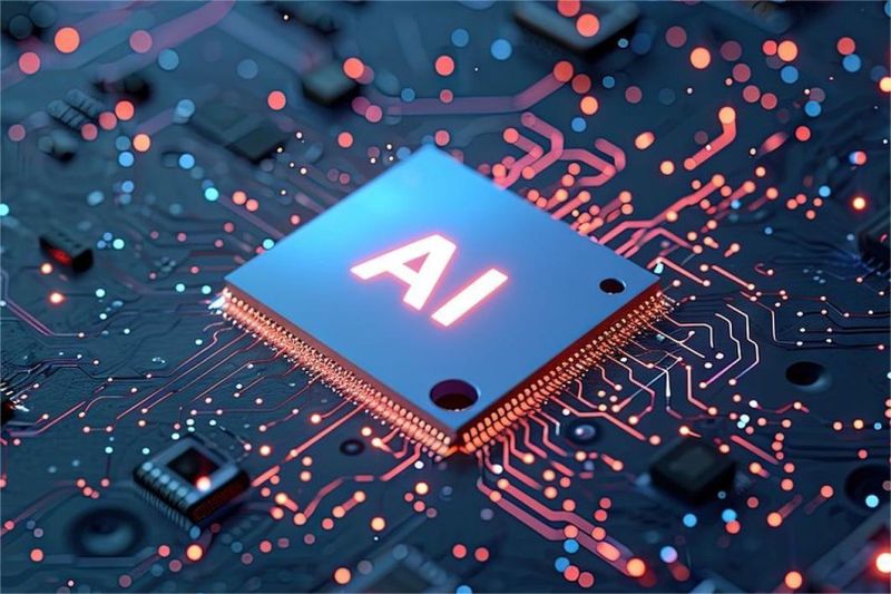 ilustrasi chip AI buatan Indonesia dengan latar merah putih dan papan sirkuit