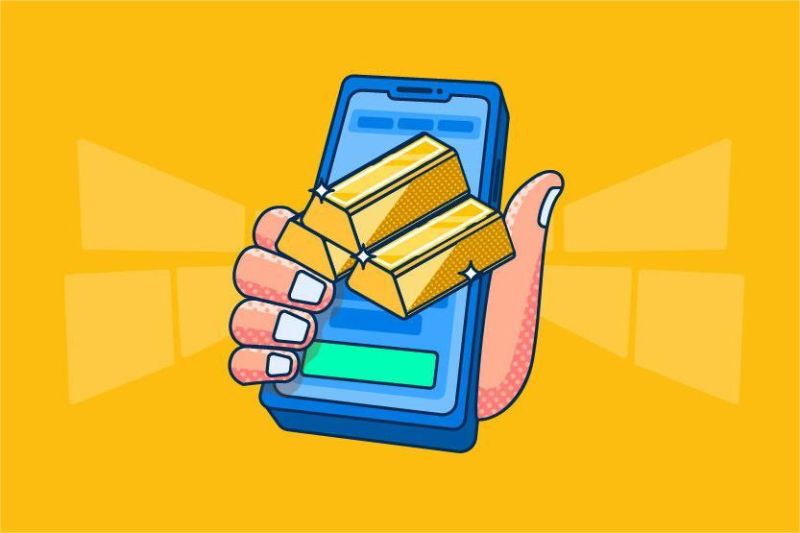 ilustrasi investasi emas digital dengan grafik harga dan smartphone