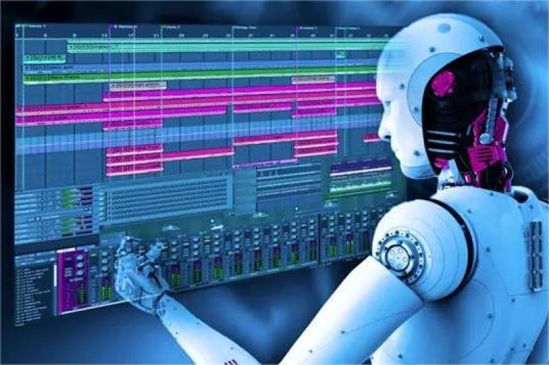 ilustrasi kecerdasan buatan membuat musik dengan tampilan antarmuka digital dan headphone