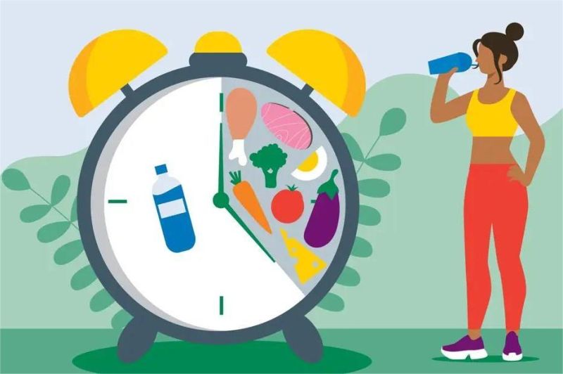 ilustrasi manfaat puasa intermiten dengan gambar jam dan makanan sehat