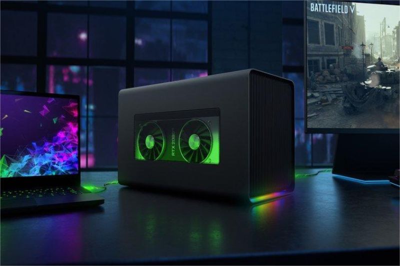 ilustrasi penggunaan eGPU yang tersambung ke laptop tipis untuk gaming
