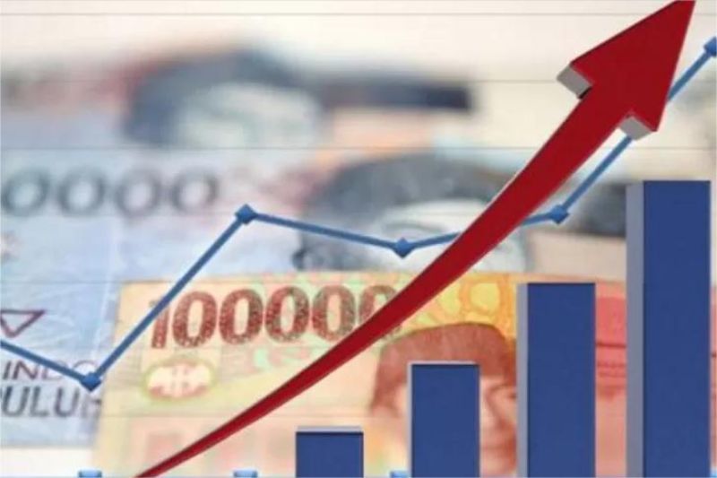 ilustrasi grafik pertumbuhan ekonomi dengan latar belakang pabrik dan aktivitas pasar