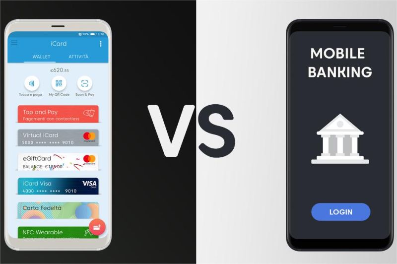 ilustrasi perbandingan aplikasi e-wallet dan mobile banking di smartphone