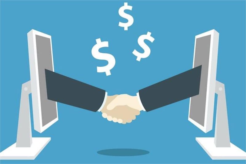 ilustrasi perbandingan kredit bank dan peer-to-peer lending dengan simbol usaha dan finansial