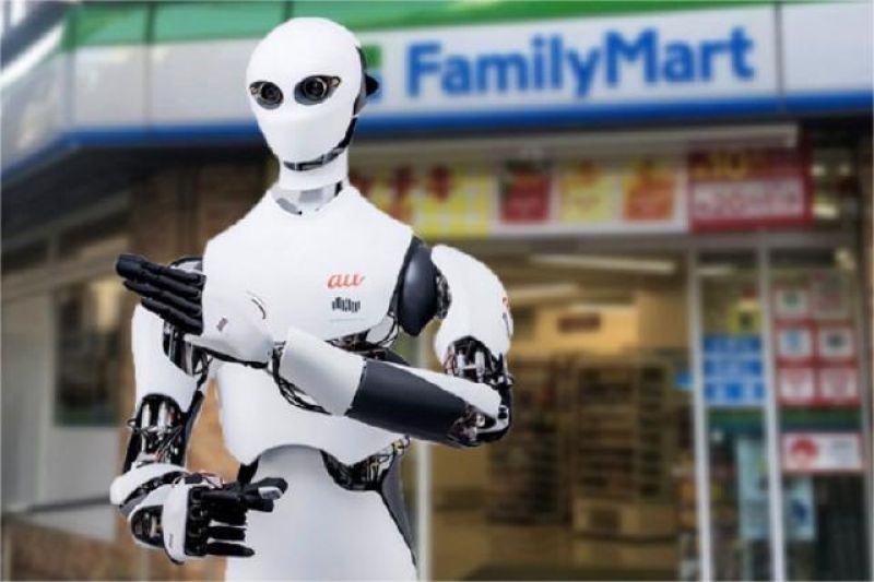 ilustrasi robot kasir melayani pelanggan di toko Jepang dengan sistem otomatis