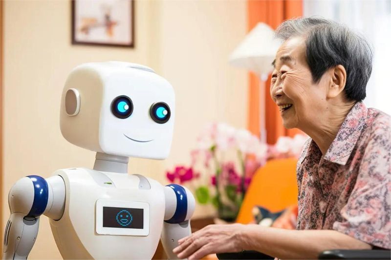 ilustrasi robot sosial berinteraksi dengan lansia di rumah