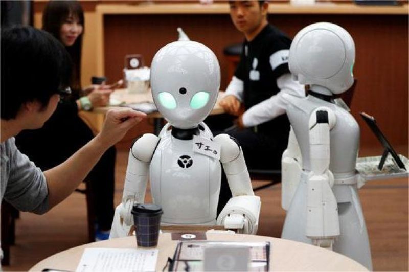 ilustrasi robot restoran Jepang sedang menyajikan makanan kepada pelanggan