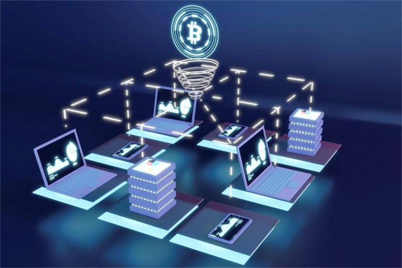 ilustrasi teknologi blockchain dengan jaringan digital dan blok data