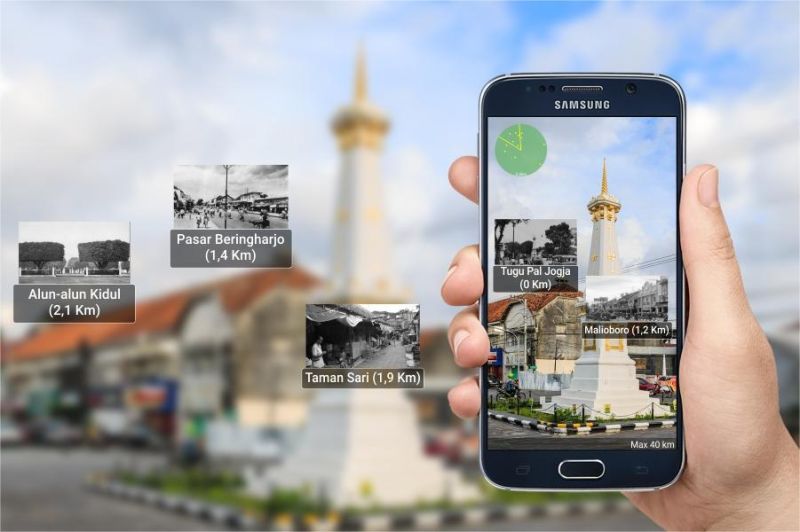 ilustrasi wisatawan menggunakan aplikasi digital di destinasi wisata Indonesia