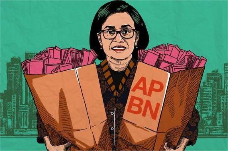 ilustrasi anggaran APBN Indonesia dengan simbol defisit dan uang negara