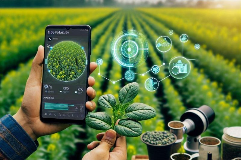 ilustrasi petani memindai daun tanaman dengan kamera ponsel untuk deteksi hama
