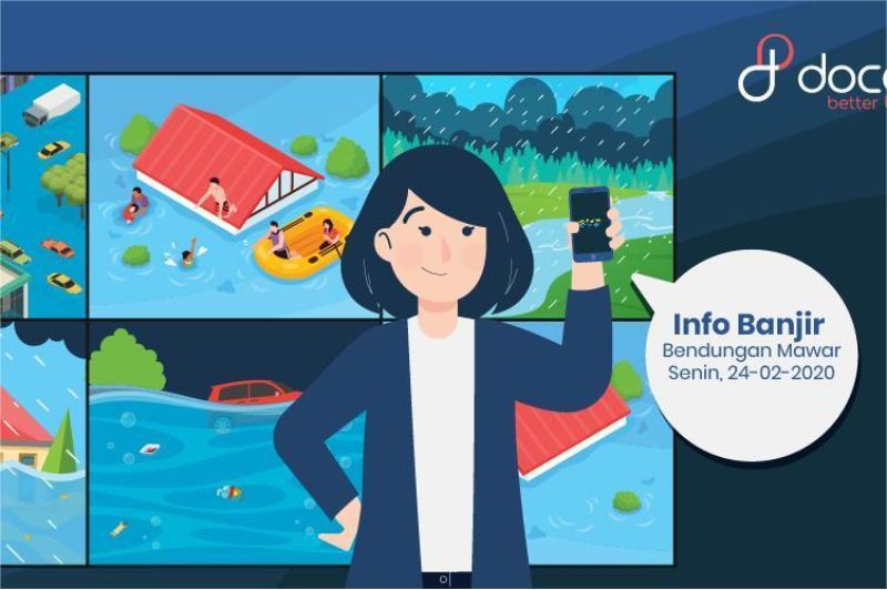 ilustrasi aplikasi ponsel menampilkan deteksi banjir real-time dengan peta interaktif