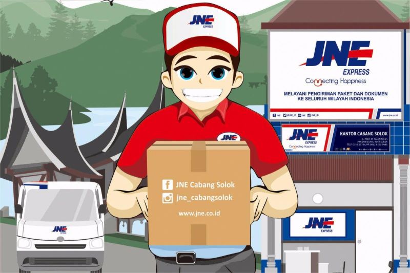 ilustrasi kurir JNE membawa paket di depan kantor cabang