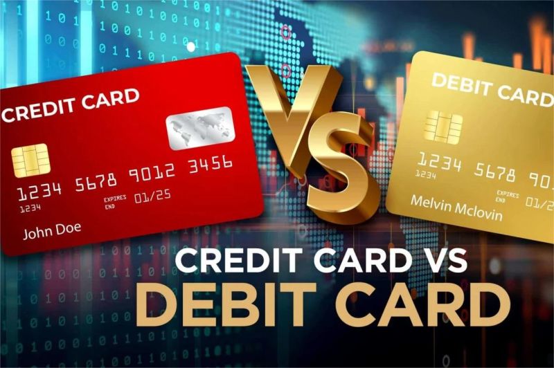 ilustrasi perbandingan kartu kredit dan kartu debit dengan simbol keuangan dan kartu plastik
