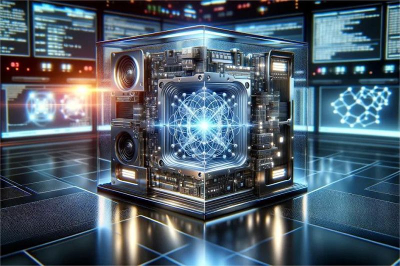komputer kuantum futuristik dengan cahaya biru dan struktur qubit