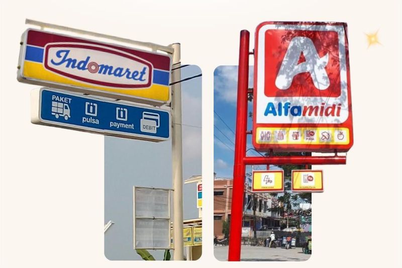 ilustrasi karyawan Indomaret dan Alfamart sedang melayani pelanggan