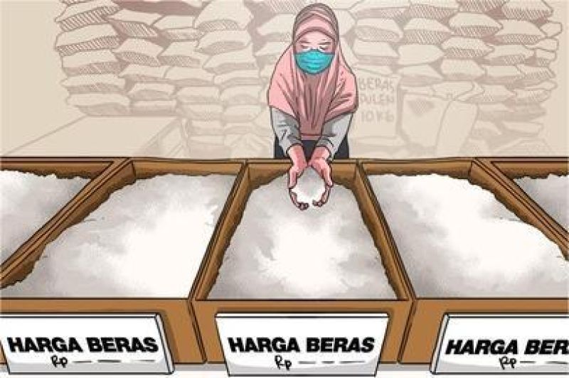 pedagang beras di pasar tradisional dengan label harga premium yang naik