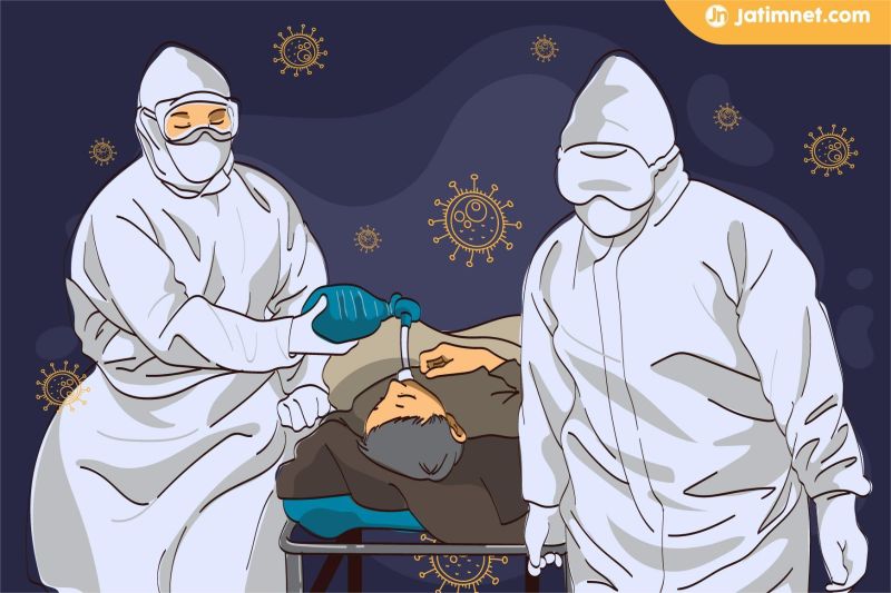 ilustrasi petugas medis dengan masker mengamati grafik lonjakan kasus covid