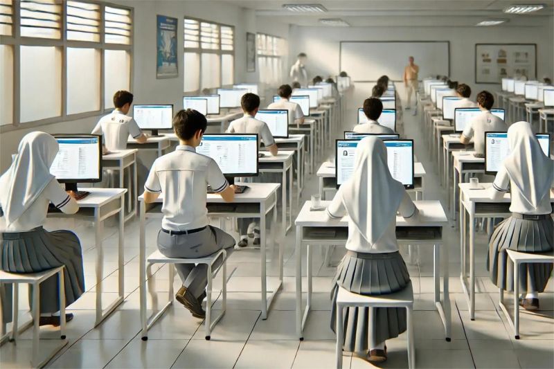 ilustrasi memantau ujian digital di ruang kelas dengan tampilan pengawasan real time