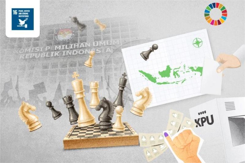 ilustrasi demo damai dan politisi di parlemen dengan latar bendera merah putih