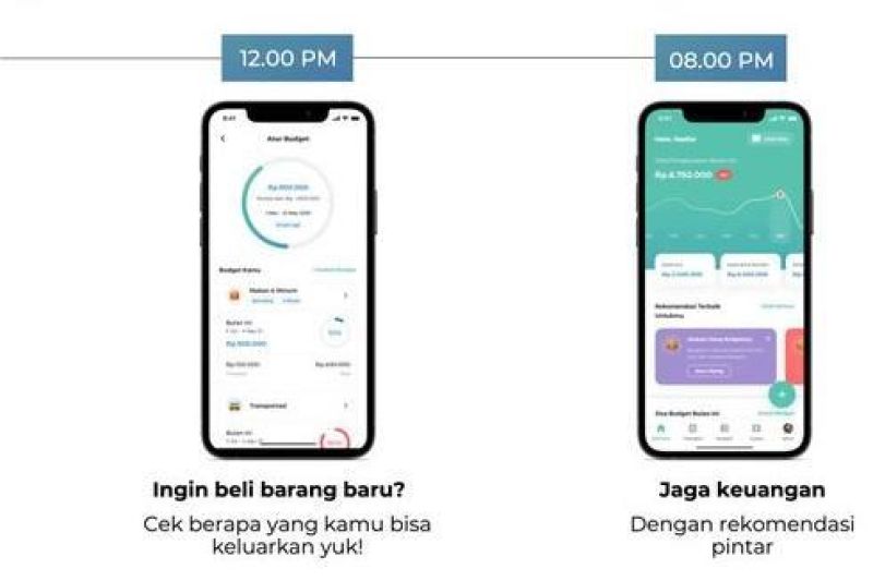 ilustrasi aplikasi keuangan berbasis AI dengan tampilan laporan anggaran di ponsel