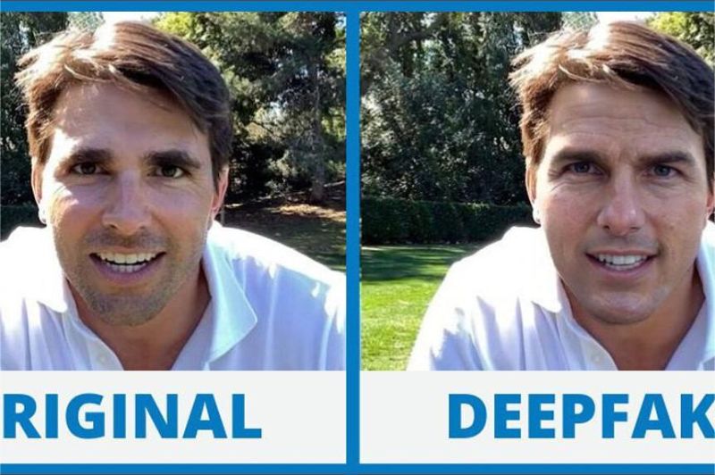 ilustrasi dua layar video identik tapi salah satunya deepfake, membingungkan pengguna