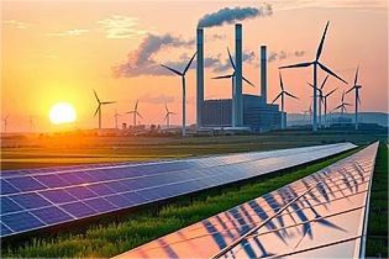 tumpukan panel surya dengan latar belakang pipa minyak dan ladang angin